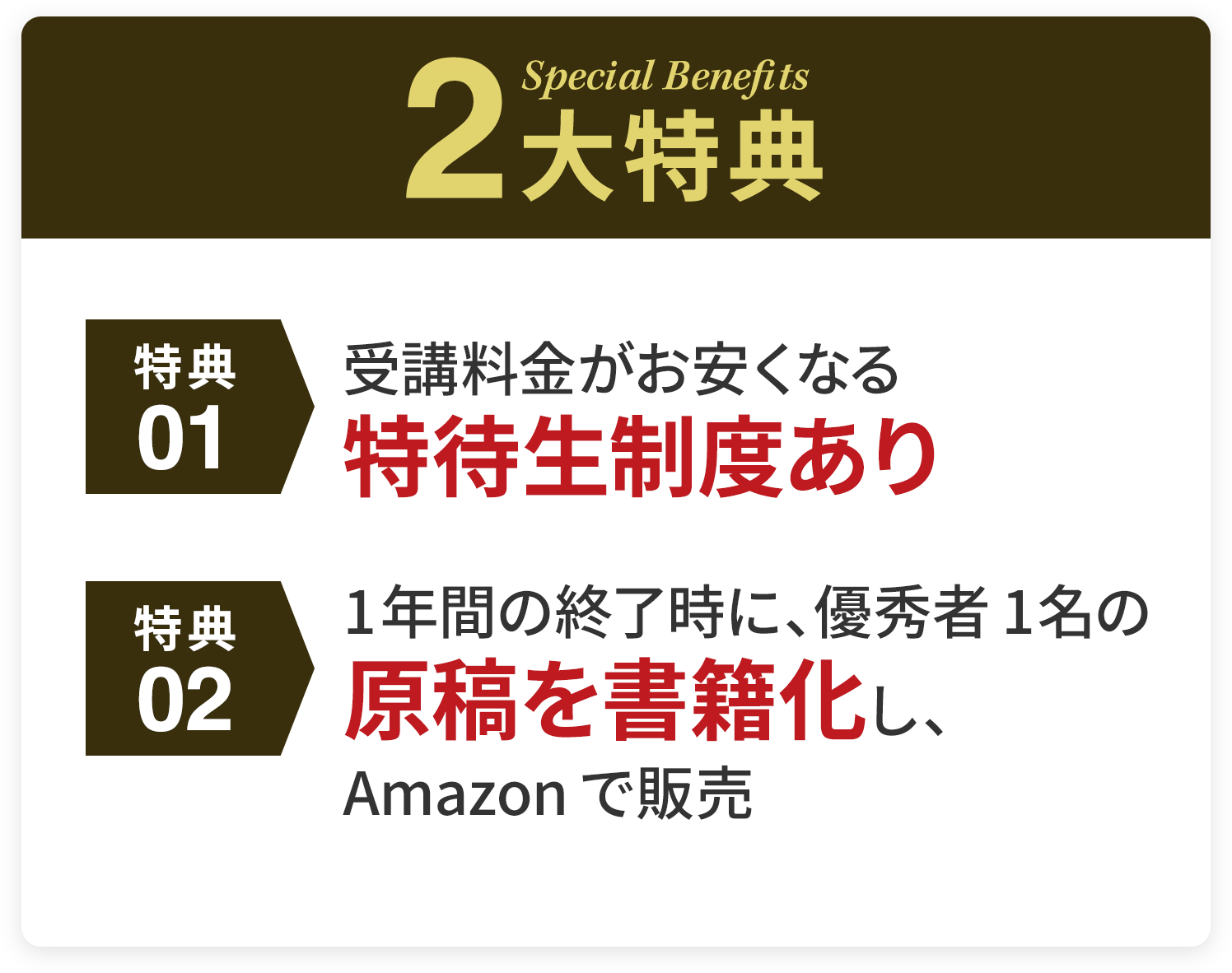 2大特典、受講料金がお安くなる特待生制度あり、1年間の終了時に、優秀者1名の原稿を書籍化し、Amazonで販売
